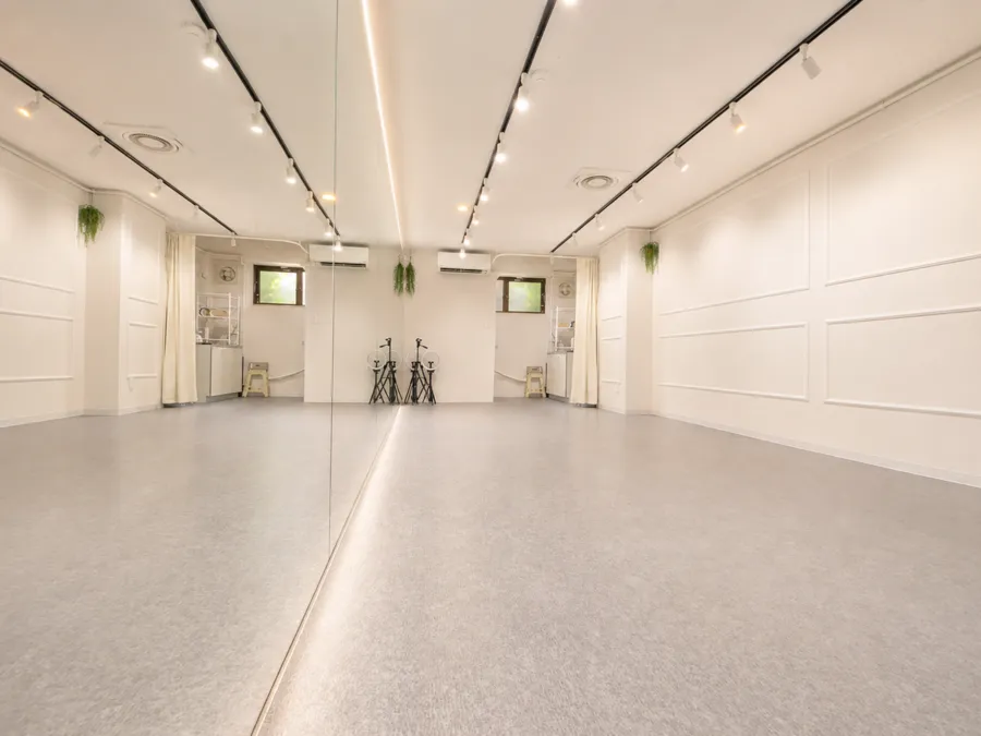 大型ミラー側から見たHAREBUTAIのダンススタジオ全景